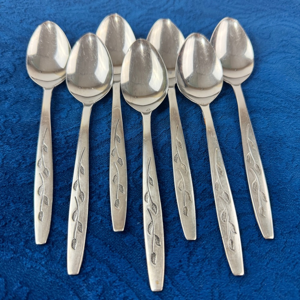National Stainless Haiti Teaspoon Set of 7 Japan Vintage Leaf Pattern Flatware